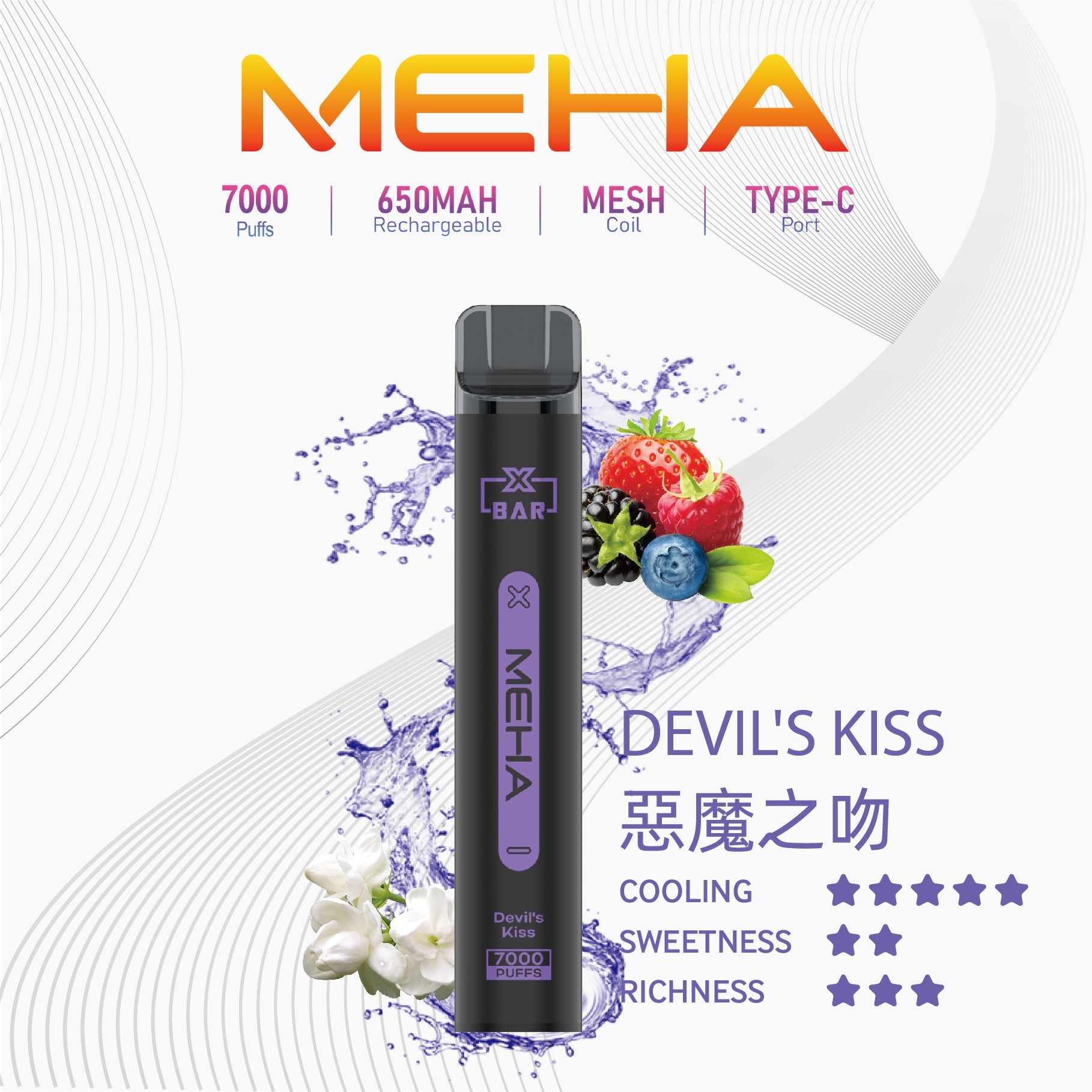 MEHA魅嗨小黑條-7000口一次性抛棄式-惡魔之吻